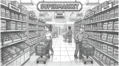 Tableau sur toile People shopping in supermarket aisle with grocery carts