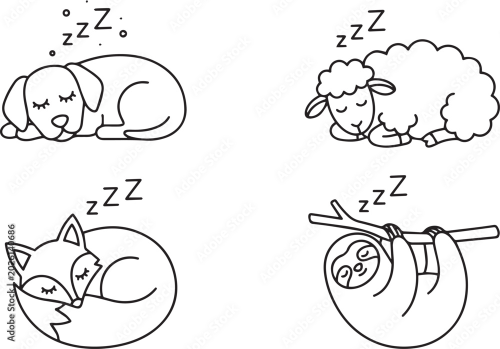 Fototapeta premium Minimalist black outline vector icon set featuring sleeping animals including a cute puppy dog curly sheep fluffy fox and hanging sloth