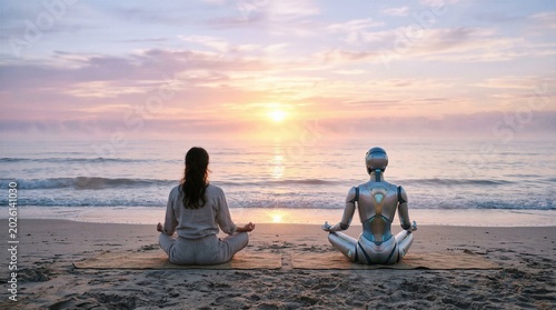 A human and a robot meditate side-by-side on a beach at sunrise, reflecting on the future of humanity and technology