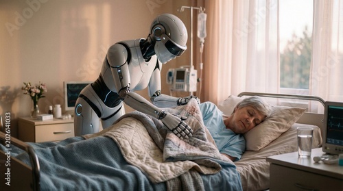 A humanoid robot assists an elderly patient in a hospital bed, demonstrating the integration of technology in healthcare and elder care. The robot gently adjusts the blanket for the sleeping patient.