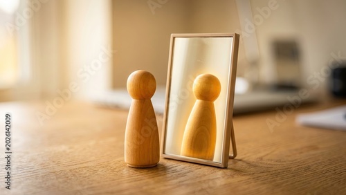 Miniature wooden doll standing before a mirror representing self evaluation mental health therapy and personal growth concepts.