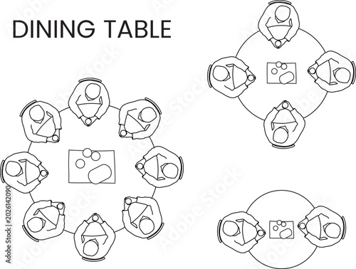 Dining table with chairs, top view, architectural plan, blueprint, line art, floor plan, seat plan, editable stroke, vector, illustration