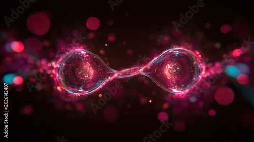 Two glowing spheres connected by an energetic link, surrounded by a nebula of light particles, suggesting a powerful cosmic or scientific phenomenon