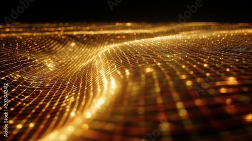 An abstract digital landscape with golden glowing particles, creating a flowing, wavy pattern that suggests data or energy movement