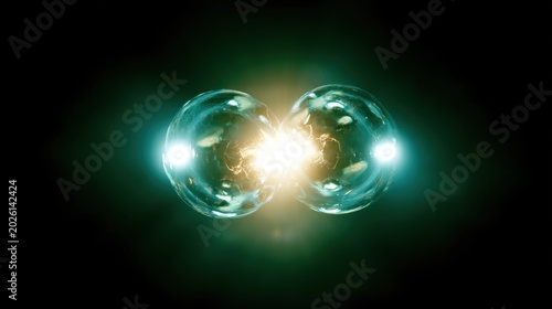 Abstract representation of two spheres colliding with a bright light and energy in the center