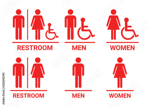 Red restroom signage with wheelchair accessibility symbols isolated on transparent background