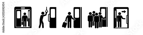 Bild auf Leinwand A set of black vector icons depicting various subway and train commuting scenarios, including passengers boarding, waiting, and traveling in crowded cars
