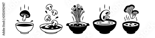 Foto Set of minimalist black and white icons showing mushrooms being added to soup bowls