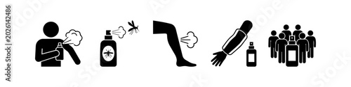 Cuadro en lienzo Set of minimalist black icons illustrating insect repellent application, mosquito spray bottle, and skin protection measures for pest control and outdoor health safety