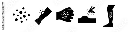 Foto Set of black silhouette icons representing skin conditions like rashes, mosquito bites, welts, and allergies on the hand and leg