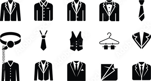 Schilderij op canvas Formal Menswear and Business Suit Solid Vector Icon Set with Tuxedo Shirts Ties
