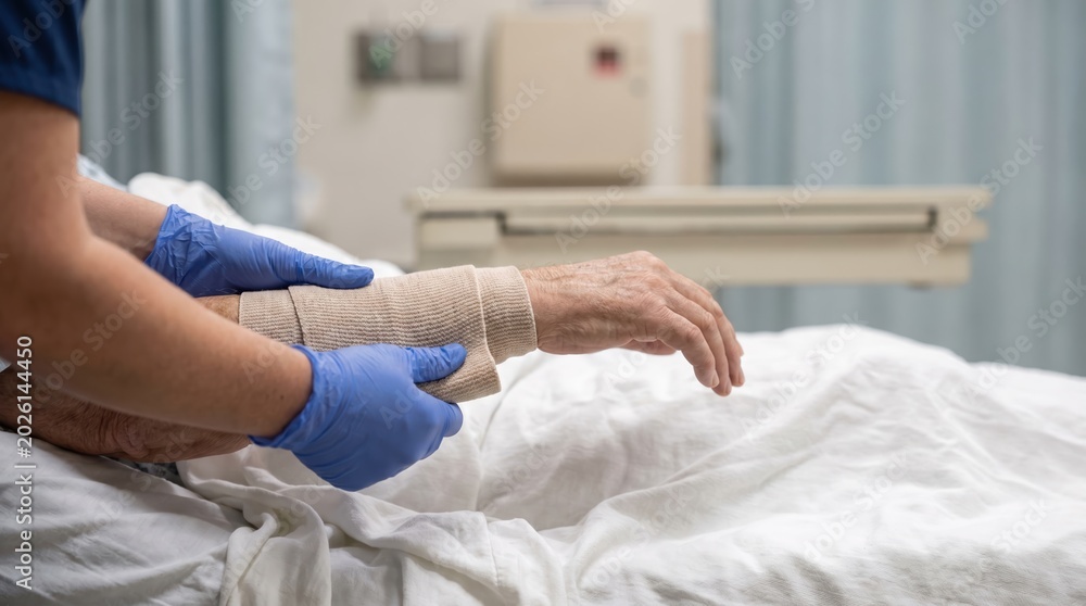 Obraz premium Healthcare worker providing supportive arm rehabilitation therapy to patient lying in hospital bed during recovery treatment