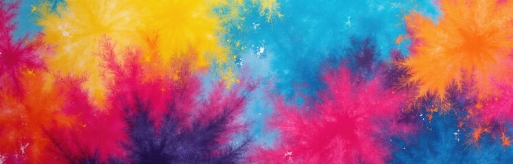 Vibrant abstract background with colorful bursts of ink like fractal patterns. Bright magenta, yellow, orange, and blue hues blend organically creating energetic, dynamic visual texture.