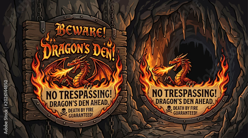 Fotografie Beware Dragon's Den No Trespassing Death by Fire Guarded Signage Artwork