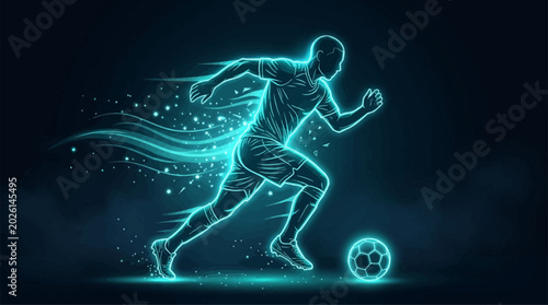Schilderij op canvas Neon soccer player dribbling ball with speed lines and glowing particles in dyna