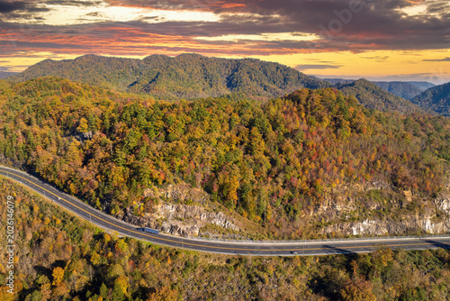 USA highway transportation infrastructure in North Carolina Appalachian mountains. American freeway road with fast driving cars