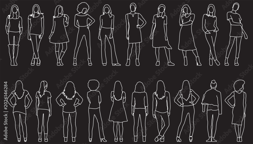 Fototapeta premium Standing woman front and back view, architectural elements, blueprint, line art, person, human, pose, silhouette, icon, editable stroke, vector
