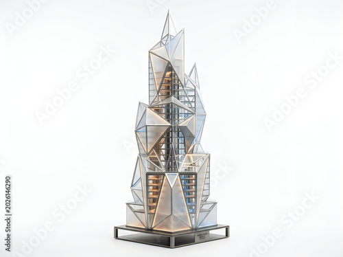 Abstract geometric skyscraper sculpture made of metal and glass with avant garde high tech skyscraper building architecture abstract geometric sculpture