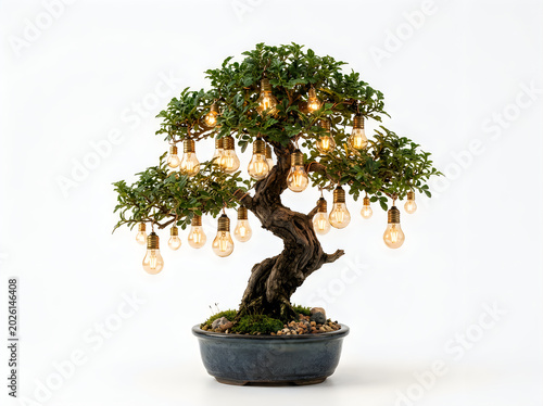 Bonsai tree decorated with vintage edison light bulbs decoration illumination ornament miniature ornamental lighting accessory isolated background container