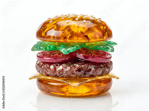 Exquisite glass hamburger replica with rich translucent detail hamburger sculpture transparent translucent craftsmanship artistic creative isolated abstract