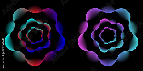 Abstract floral shapes with glowing wavy neon light lines in vibrant blue purple and red colors on a dark black background