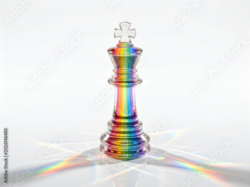 Rainbow spectrum light refracting through a clear glass chess king with spectrum refraction prismatic colorful strategy transparent reflective lightplay