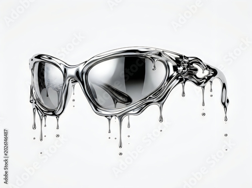Liquid chrome melting sunglasses fashion accessory with metallic drips on white background sunglasses metallic accessory reflective futuristic abstract