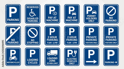 Tableau sur toile Collection of diverse parking signs indicating various restrictions and permissi