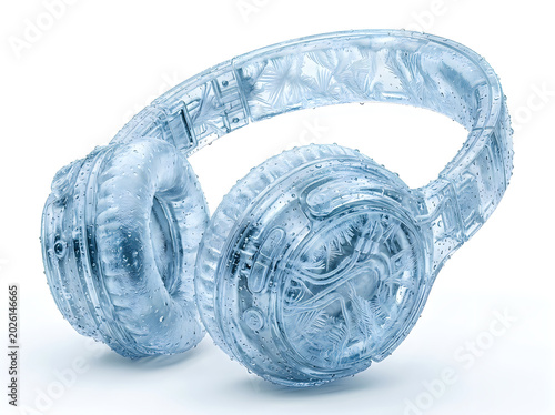 Frosted crystal style headphones isolated on white background with headphones transparent technology listening electronics isolated background minimalist