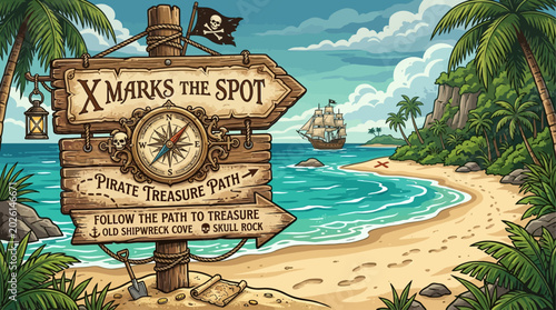Obraz na plátně Pirate Treasure Path X Marks the Spot wooden sign with compass and ship sailing
