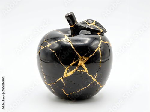 Black marble apple sculpture with gold kintsugi repair pattern sculpture kintsugi decorative porcelain precious ornament transformation minimalist isolated