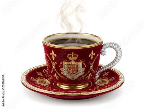 Royal red coffee cup with ornate gold heraldic emblem and steaming hot coffee heraldic beverage breakfast caffeine porcelain expensive sophisticated isolated