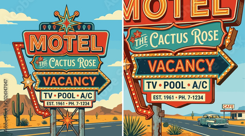 Bild auf Leinwand Captivating Retro Motel Vacancy Sign Illuminating a Desert Landscape with Classi