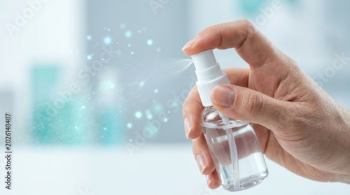 Hand holding clear spray bottle with liquid.