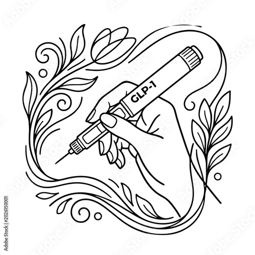 Vector illustration of a hand holding GLP-1 injection pen with decorative botanical elements, symbolizing modern healthcare, weight management and medical wellness, isolated on a transparent backgroun