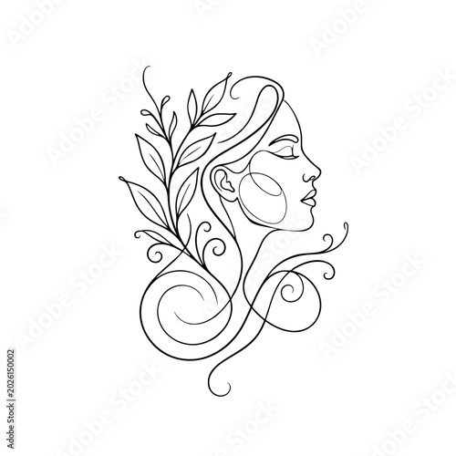 Vector illustration of an elegant woman face with floral ornamental elements, symbolizing beauty, femininity, wellness and natural harmony, isolated on a transparent background