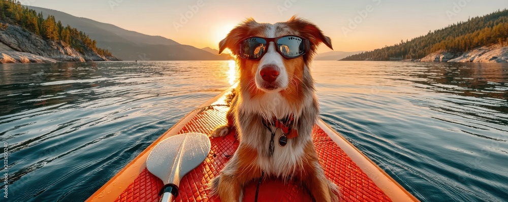 Fototapeta premium Australian Shepherd sitting on a red paddleboard at sunset wearing sunglasses on a calm lake