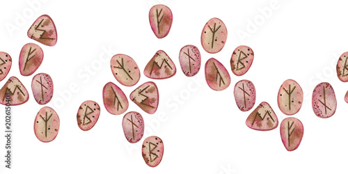 Photos Seamless watercolor border with runic symbols on the stones