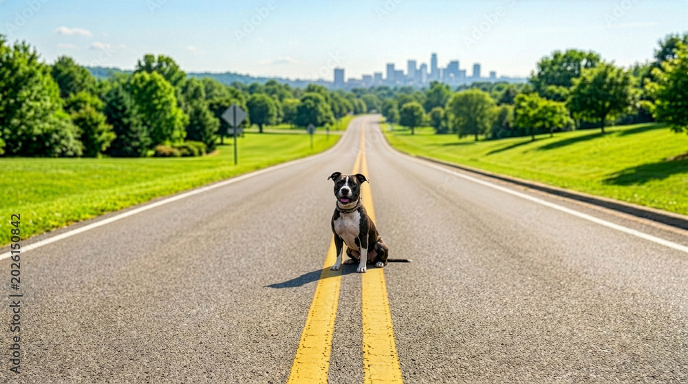 Obraz premium A black and white American Staffordshire Terrier sitting in the middle of an empty road leading to a distant city skyline