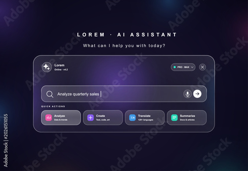 Glassmorphism AI Assistant Search Interface. Loading web page, AI app mockup with UI, UX. Futuristic AI assistant dashboard with glowing glassmorphism search bar, prompt input. Vector web template