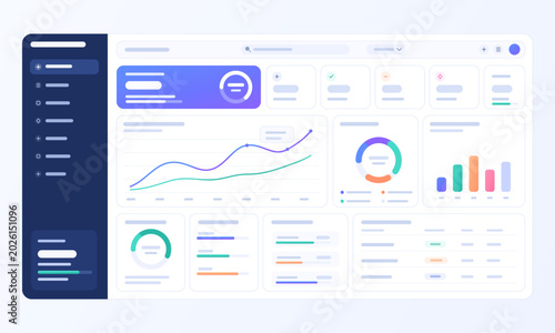Modern Analytics Dashboard UI Template. Clean web analytics dashboard interface with sidebar navigation, charts, cards, progress widgets, tables, and data visualizations. Vector mockup dashboard ui