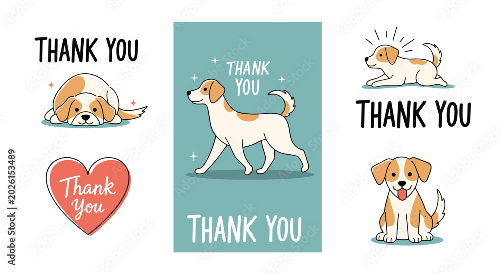 Fototapeta premium Sweet collection of diverse dog and puppy illustrations with thank you messages in various card layouts and festive formats.