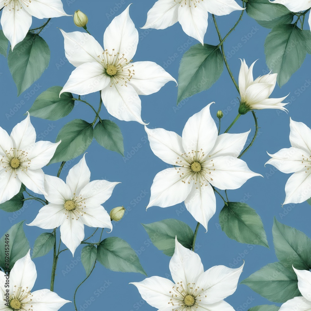 Fototapeta premium Elegant white clematis flowers with green leaves repeat on a blue backdrop. Delicate botanical art for sophisticated design and natural beauty in various applications.