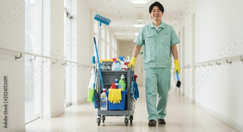 Smiling asian man pushing cleaning cart in hospital corridor. Professional janitor performing maintenance service.