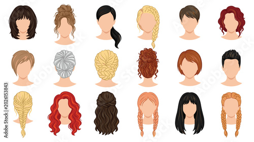 Foto Set of diverse female and male hairstyles and colored hair cuts.