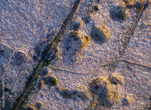 Drone view of the shake holes in an area of the Brecon Beacon mountains called Penywllt in South Wales