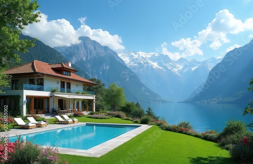 Modern luxury house with swimming pool sits on green lawn. Big villa overlooks blue lake and snowy mountain range. Estate offers vacation relaxation and scenic views.