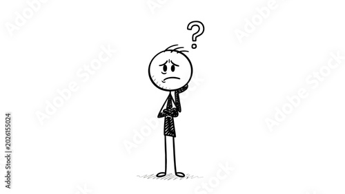 Photos Stickman standing, hand on chin, contemplating with question mark above head, symbolizing doubt, thinking, confusion, or problem solving, isolated white background