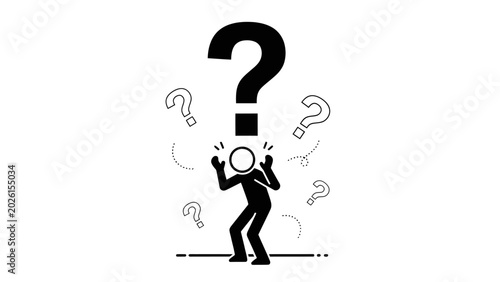 Tableau sur toile Confused stick figure man throwing hands up in exasperation, surrounded by many question marks indicating multiple problems and uncertainty, isolated white background