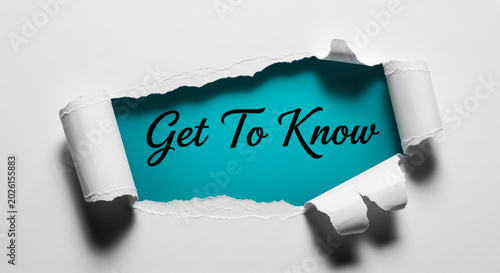 Get To Know Script On Blue Background Through Torn White Paper